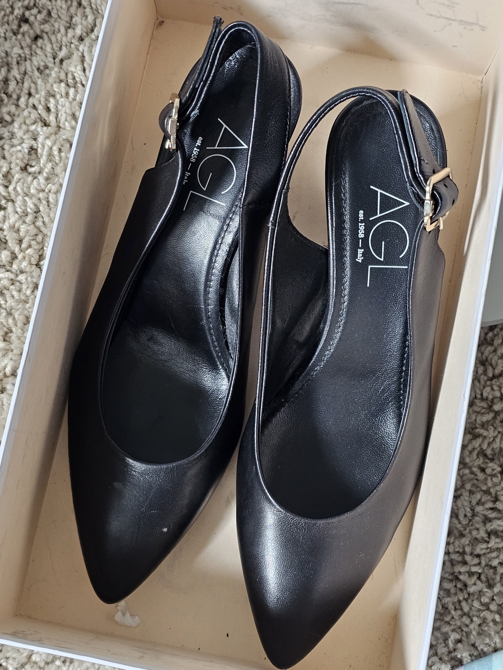 AGL Black Leather Pointed Slingback Block Heel with Gold Buckle Size 38